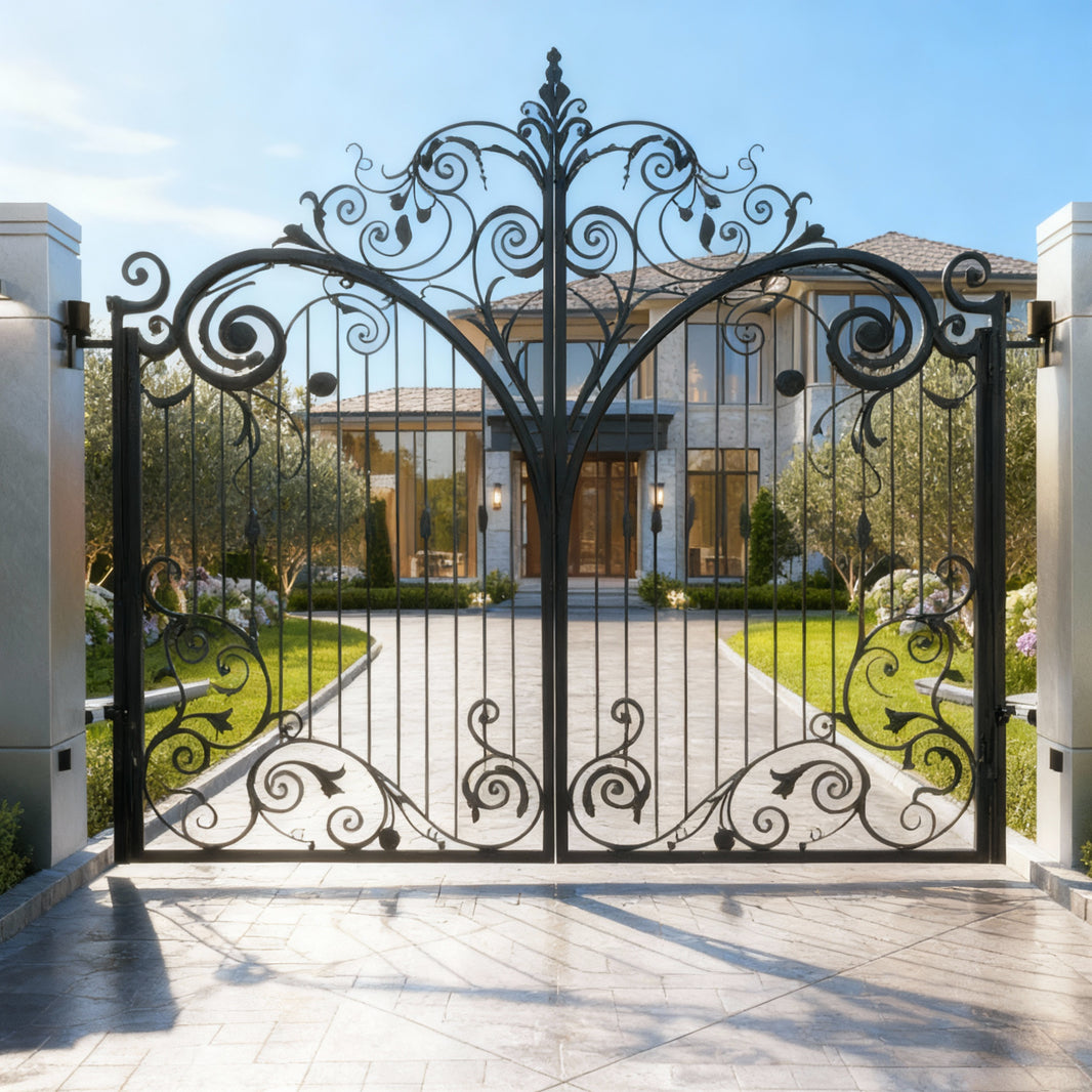 Crestspire Legacy – Wrought Iron Gate with Scroll Arch & Central Emblem Model # DWG193