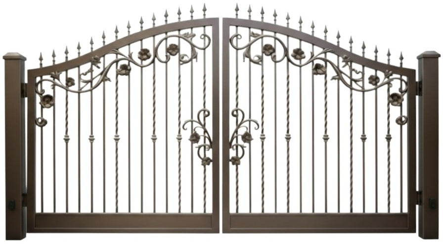 Twistspire Elegance – Wrought Iron Gate with Arched Finials & Floral Scrollwork Model # DWG197