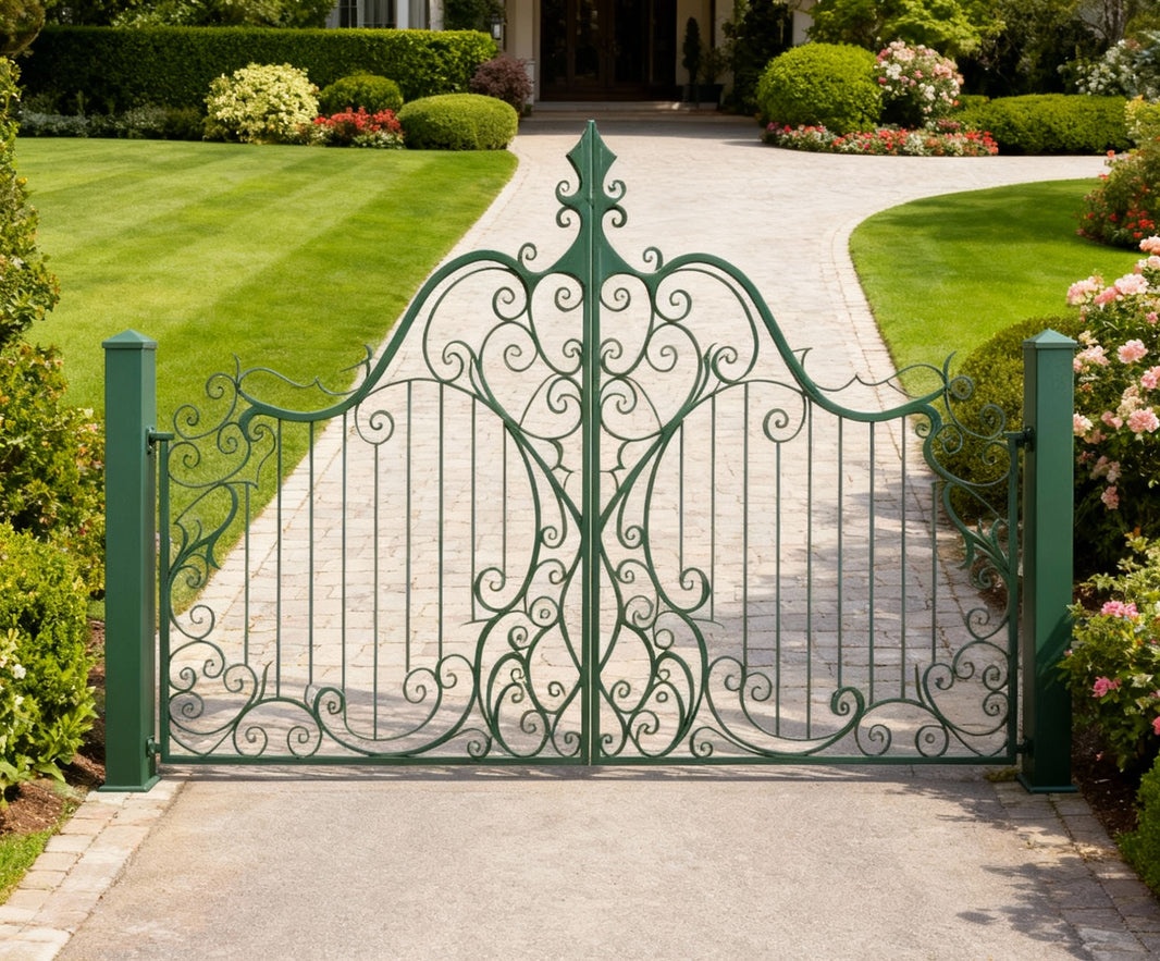Scroll spire Crest – Wrought Iron Gate with Central Finial & Ornamental Flourishes Model # DWG198