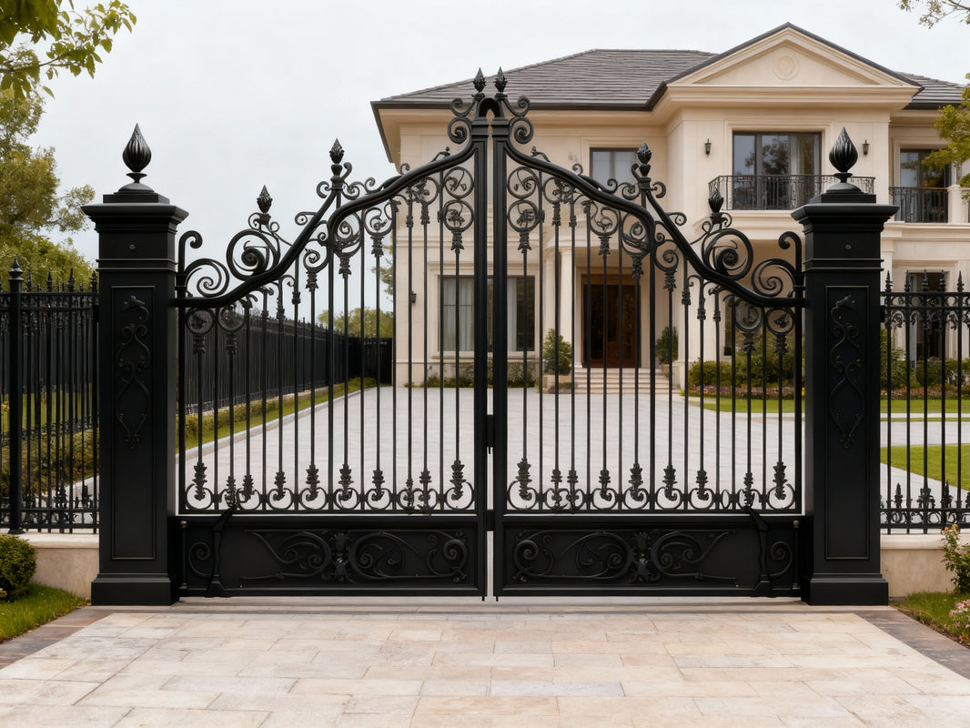 Spear crest Bastion – Ornate Wrought Iron Gate with Finials, Scrollwork & Crest Emblem Model # DWG199