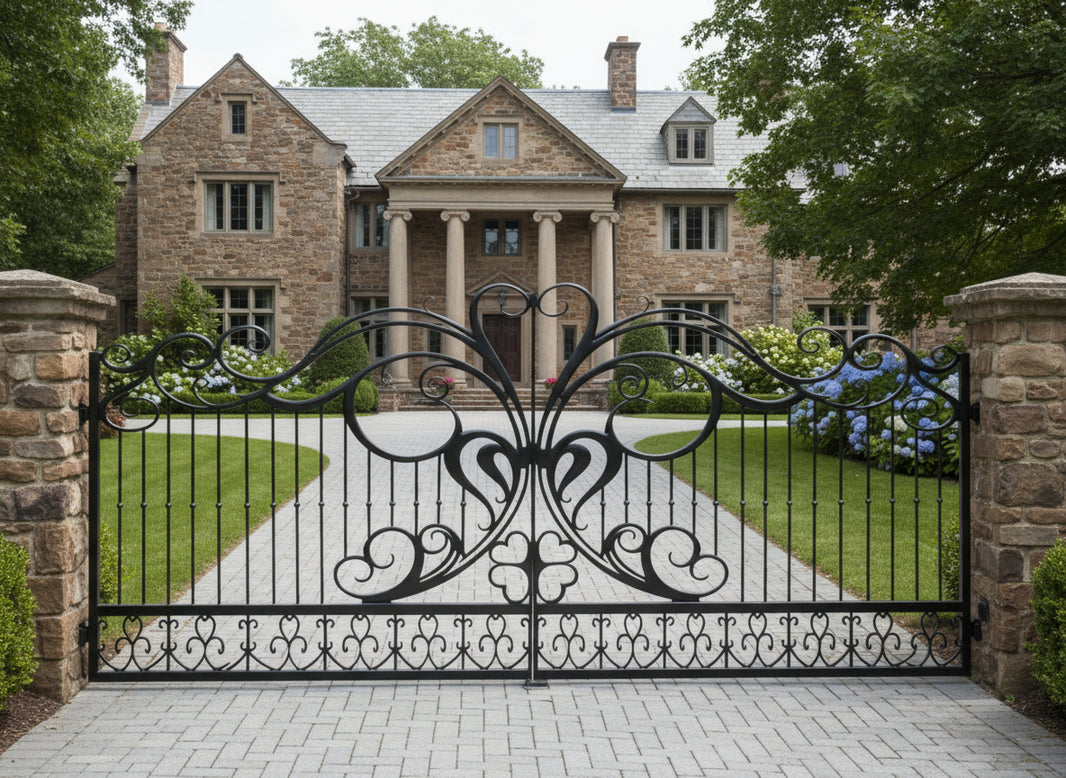 Heart wing Elan – Scroll & Floral Wrought Iron Gate with Black Pillars Model # DWG202