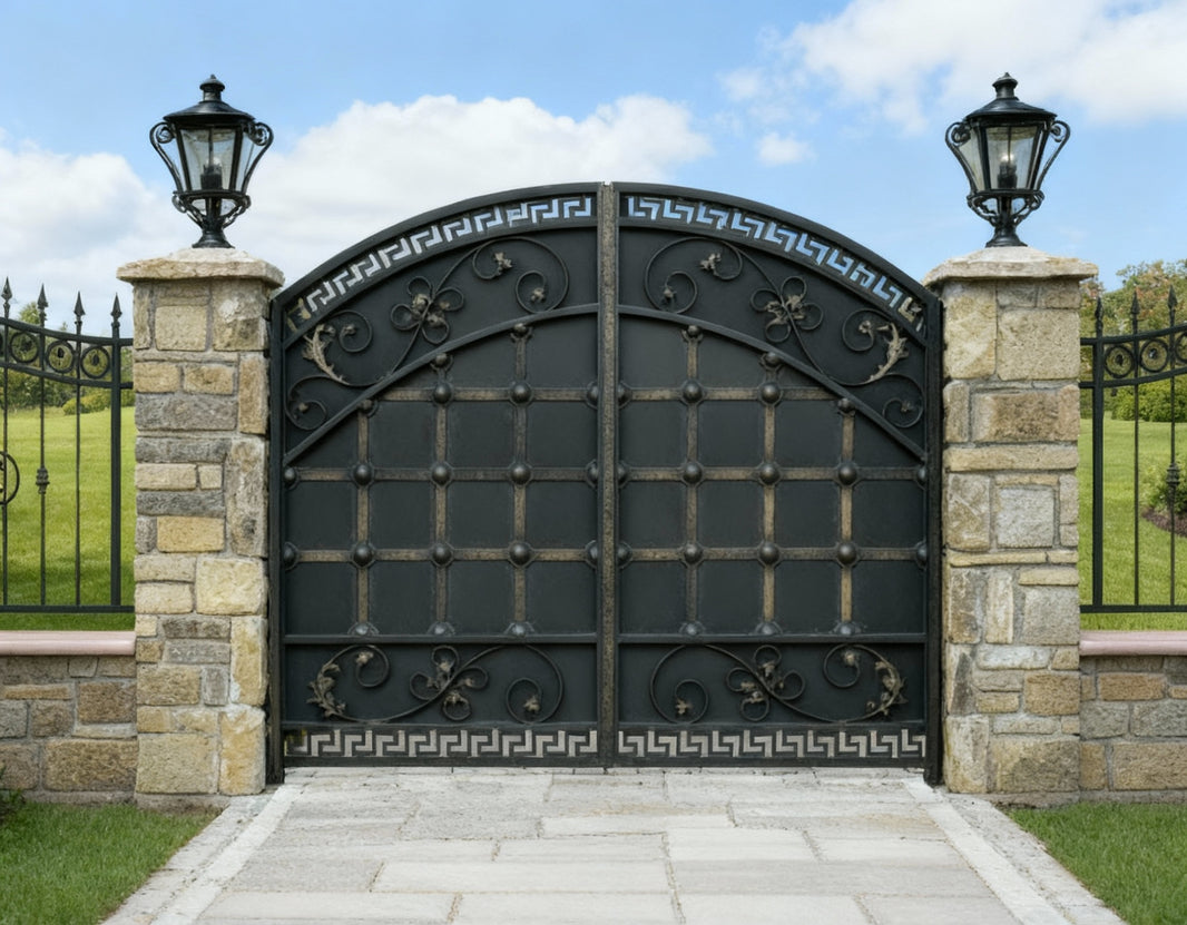 Key crest Athena – Wrought Iron Gate with Greek Key Motif  Model # DWG223