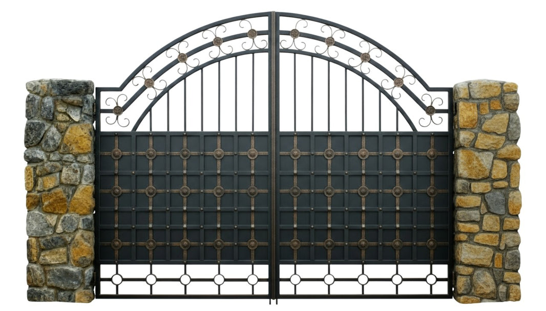 Stonegrid Crest – Wrought Iron Gate with Circular Accents & Rustic Pillars Model # DWG227