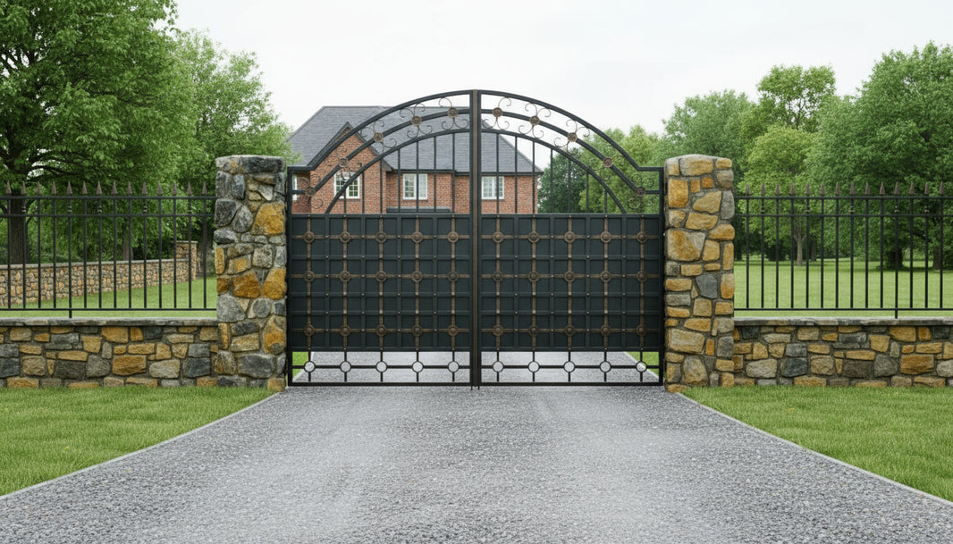 Stonegrid Crest – Wrought Iron Gate with Circular Accents & Rustic Pillars Model # DWG227