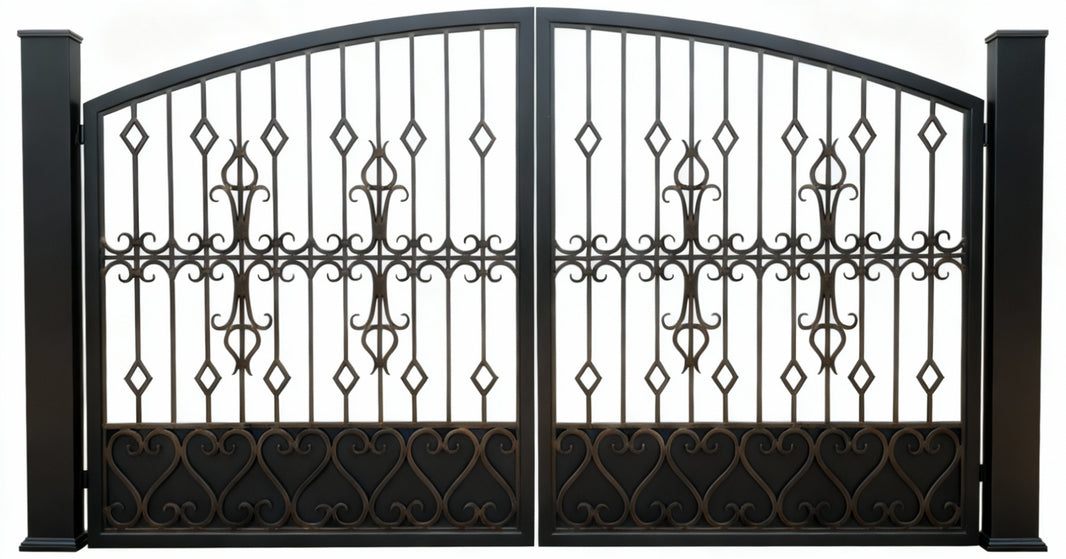 Diamondscroll Manor – Wrought Iron Gate with Geometric Scroll Panels & Arched Silhouette Model # DWG247