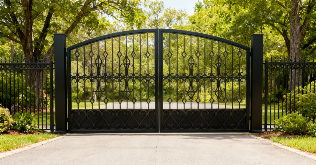 Diamondscroll Manor – Wrought Iron Gate with Geometric Scroll Panels & Arched Silhouette Model # DWG247