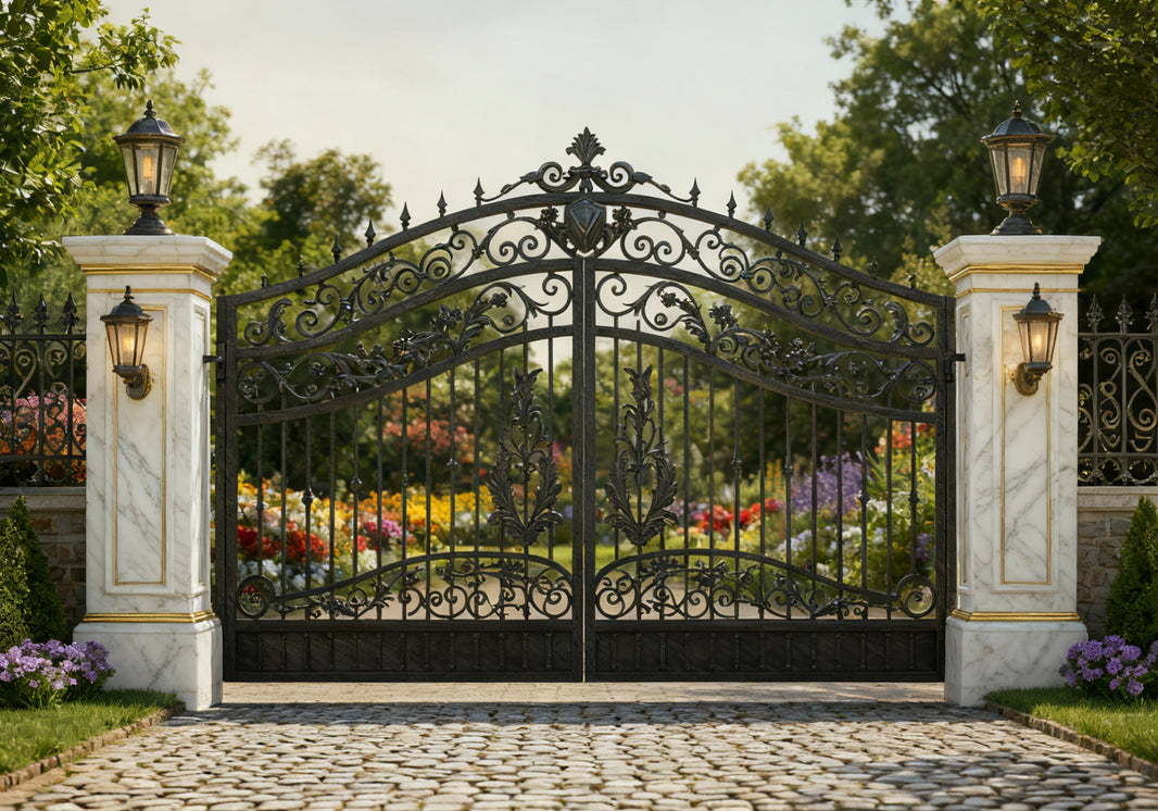 Scroll crest Ornate Wrought Iron Gate with Floral Scrolls Model # DWG410