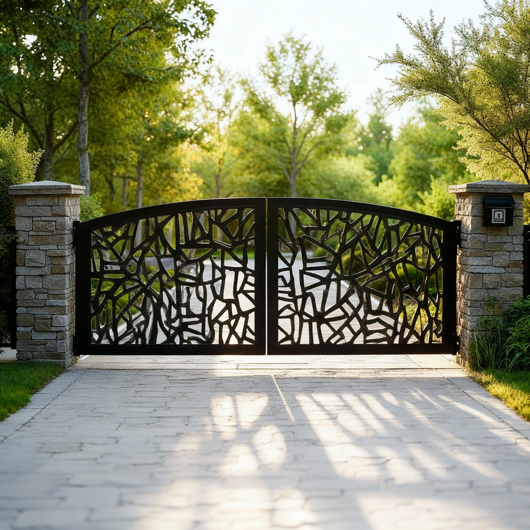 Keyshard Legacy – Abstract Wrought Iron Gate with Greek Arch & Medallion Center  Model # DWG483