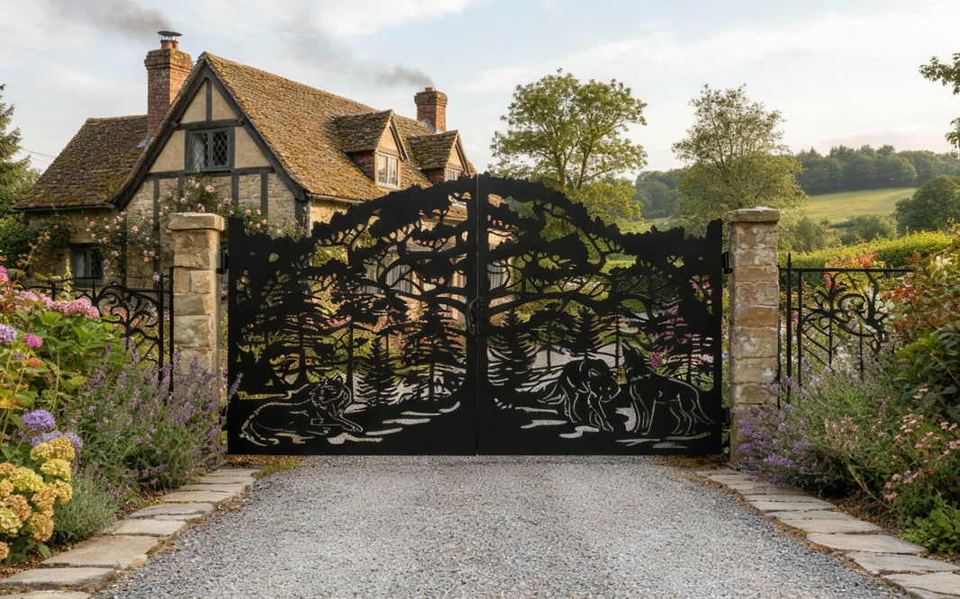 Wolf shade Hollow – Forest & Wildlife Silhouette Wrought Iron Gate Model # DWG486