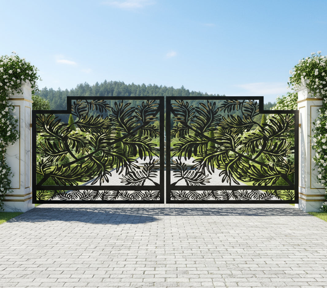 Tropic Veil – Botanical Plasma-Cut Steel Driveway Gate Model # DWG495