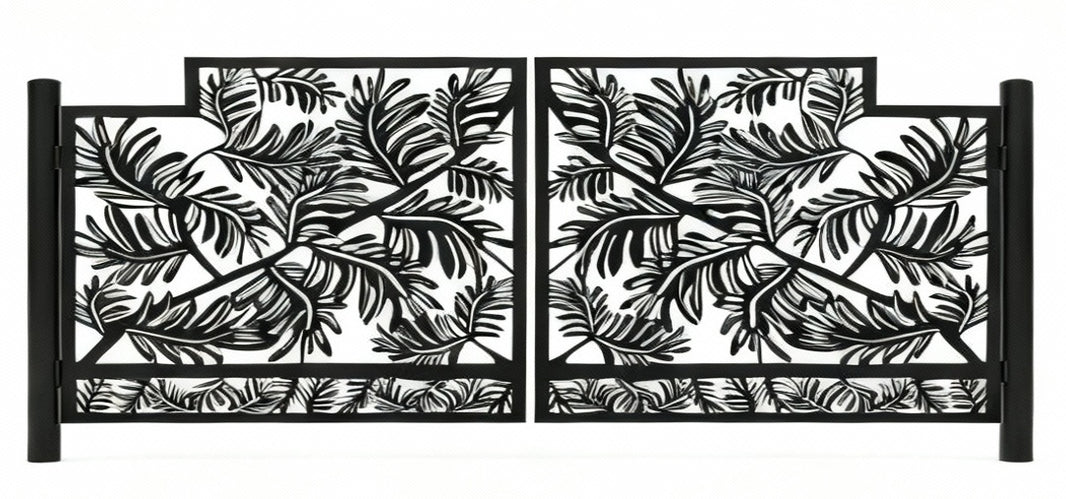 Tropic Veil – Botanical Plasma-Cut Steel Driveway Gate Model # DWG495