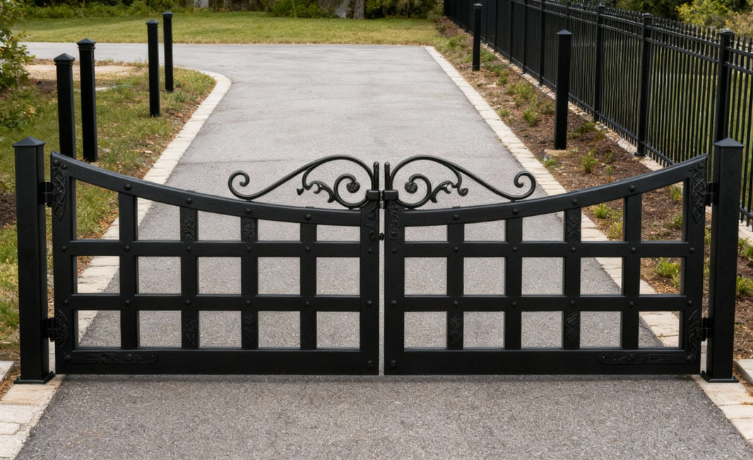Grid crest Harmony – Scrollwork & Square Grid Wrought Iron Driveway Gate Model # DWG496