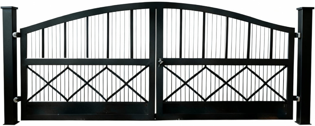Crossbar Arcadia – Wrought Iron Gate with Crisscross Panels & Arched Top Model # DWG704