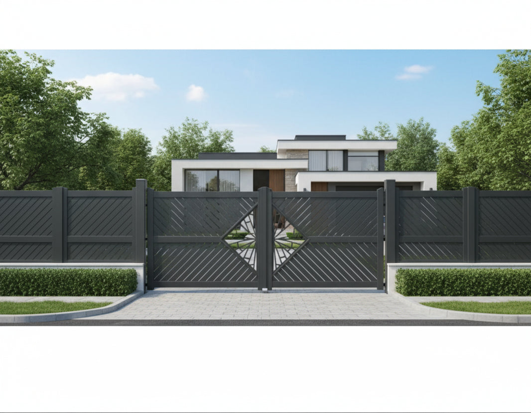 Radiant Chevron – Diagonal Slat & Diamond Emblem Steel Driveway Gate Model # DWG705