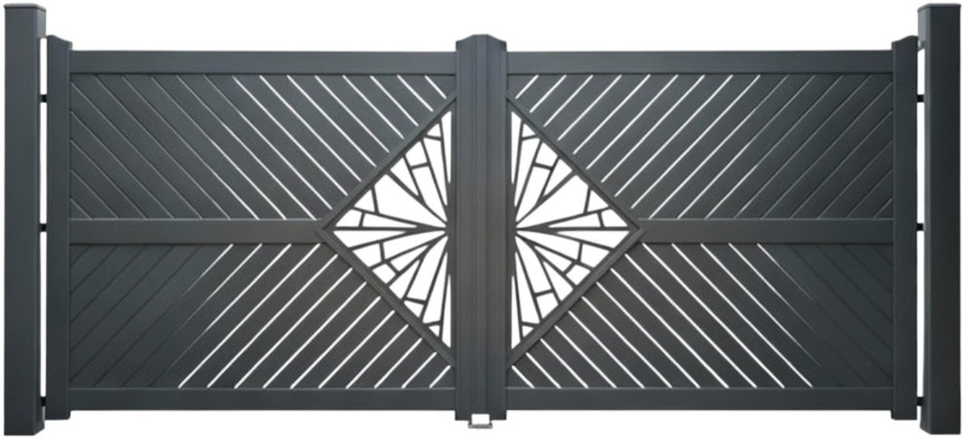 Radiant Chevron – Diagonal Slat & Diamond Emblem Steel Driveway Gate Model # DWG705