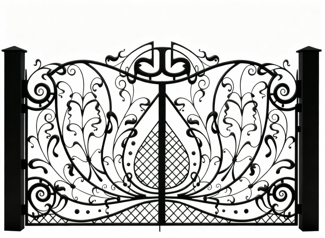 Vinecrest Lattice – Wrought Iron Gate with Teardrop Scroll Panels & Emblem Arch Model # DWG707
