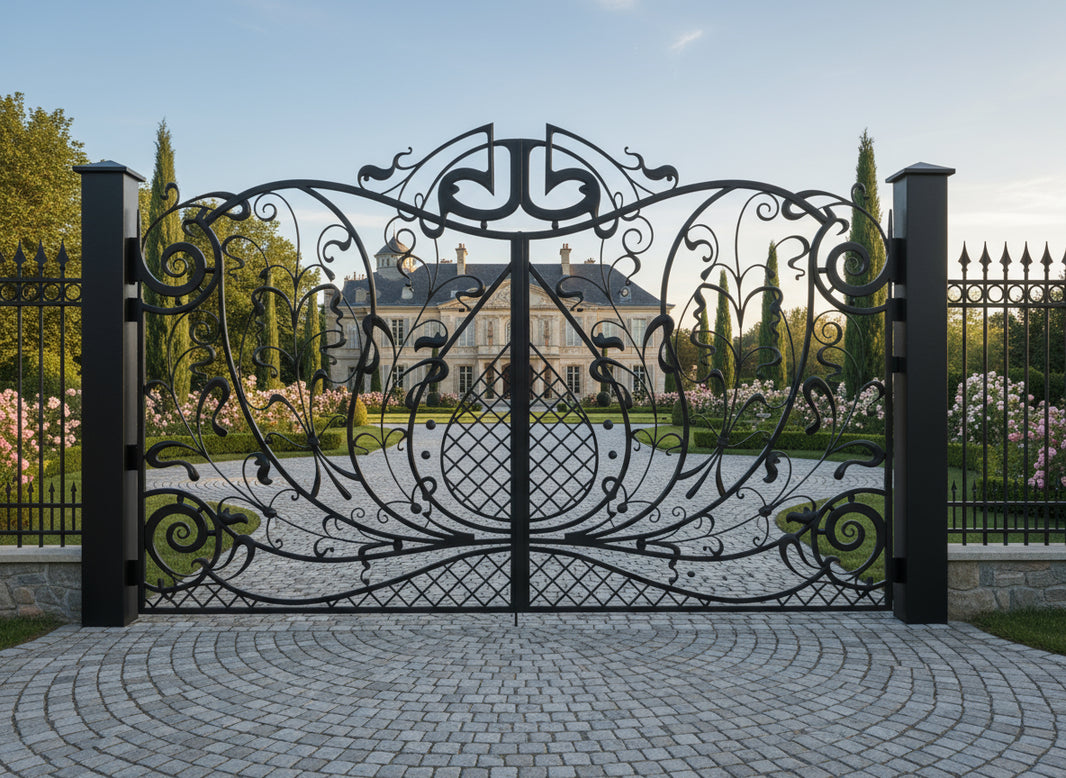Vinecrest Lattice – Wrought Iron Gate with Teardrop Scroll Panels & Emblem Arch Model # DWG707