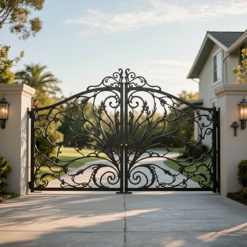 Verdant Scroll gate – Wrought Iron Gate with Leaf Motifs & Arched Scrollwork Model # DWG708