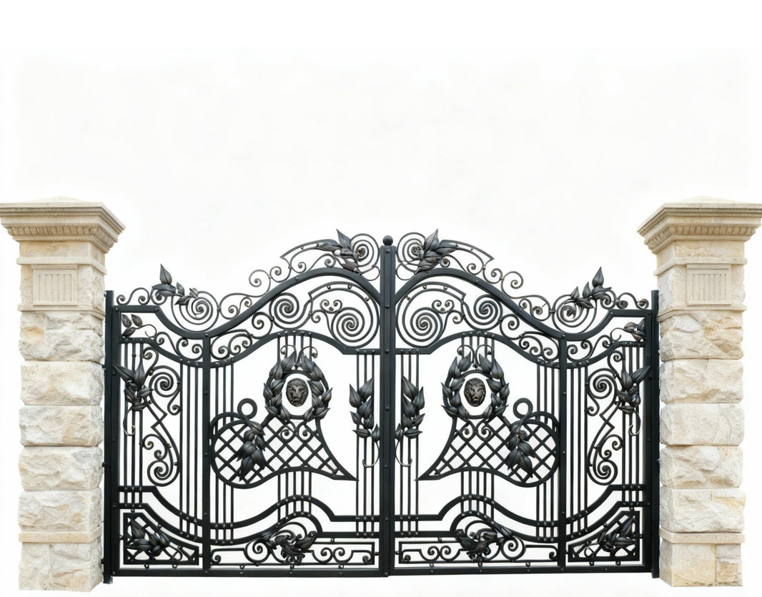 Lion crest Aria – Wrought Iron Gate with Scroll Panels  Model # DWG709