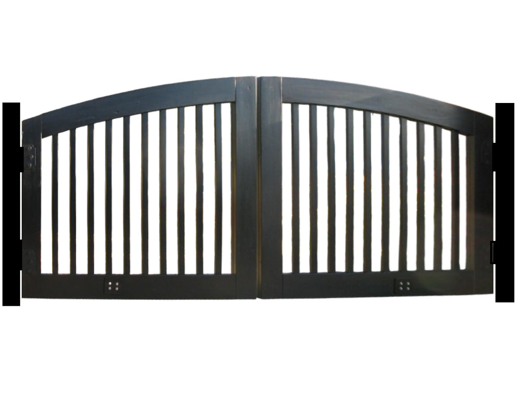Modern Black Steel Driveway Gate Heavy Duty Dual Swing Entry Gate with Vertical Slats & Arched Top Model DWG710
