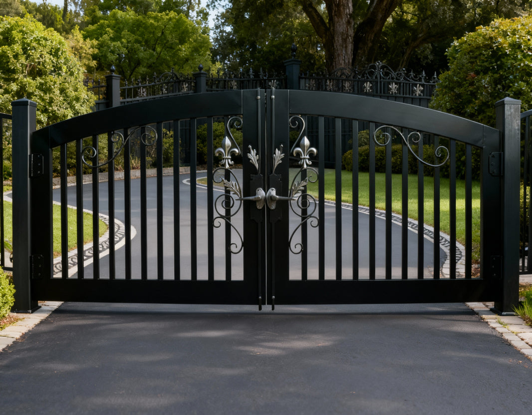 Modern Black Steel Driveway Gate Heavy Duty Dual Swing Entry Gate with Vertical Slats & Arched Top Model DWG710