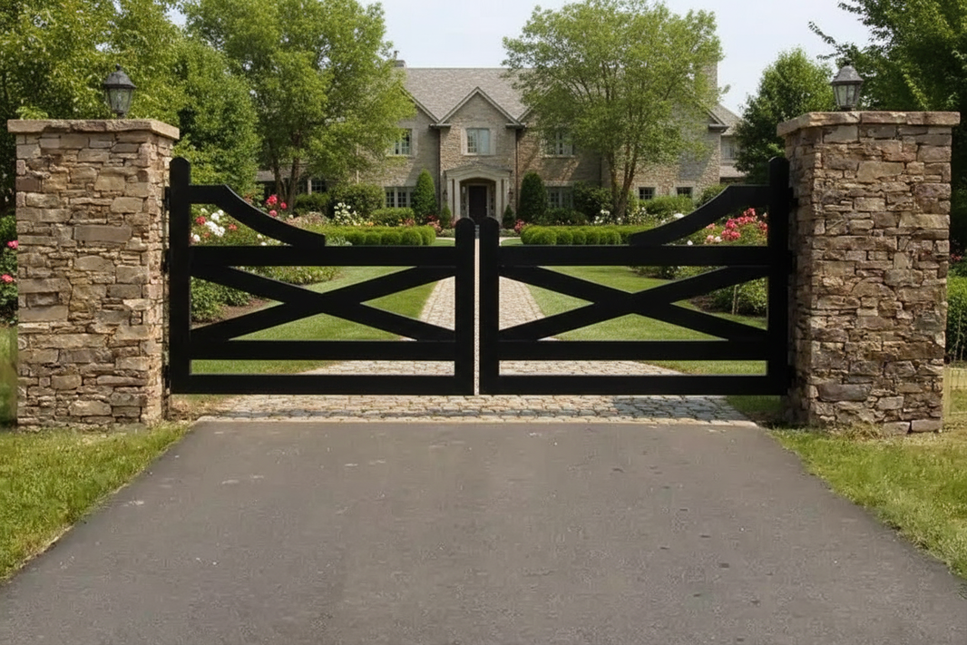 Stonecroft Manor Driveway Gate with Diagonal Crossbar Design - Steel Ranch Gate | Model # DWG712