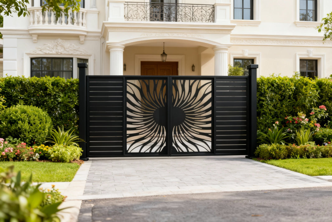 Solflare Axis – Modern Metal Gate with Sunburst Panels & Slatted Wings Model # DWG715