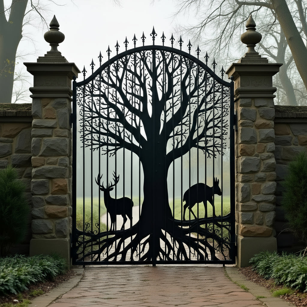 Laser Cut Root spire Gate – Tree of Life Wrought Iron Driveway Gate with Wildlife Silhouettes Model # DWG716