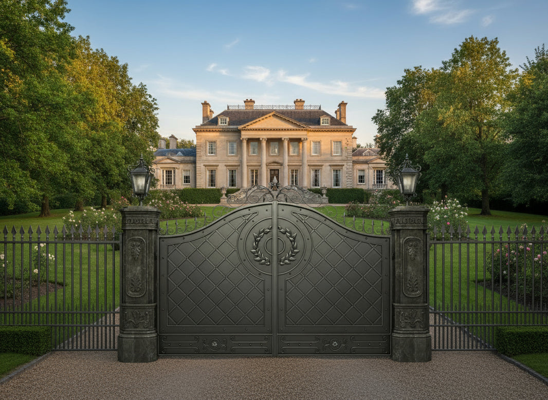 Laurel Crest Royale – Scrollwork & Wreath Motif Wrought Iron Driveway Gate Model # DWG717