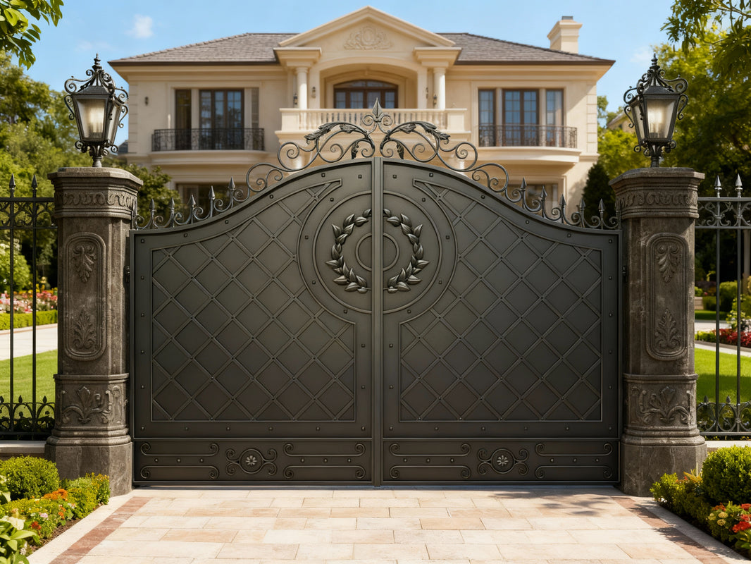 Laurel Crest Royale – Scrollwork & Wreath Motif Wrought Iron Driveway Gate Model # DWG717