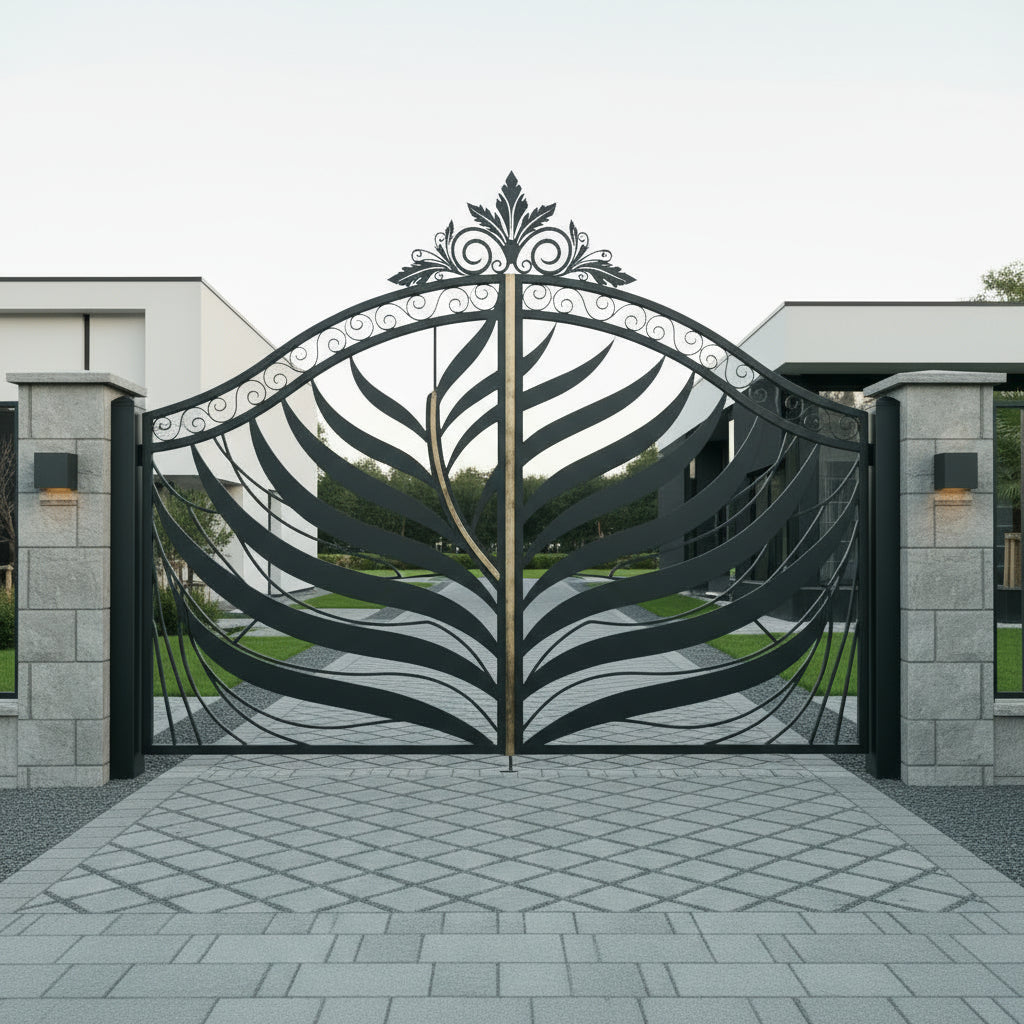 Verdant Crest – Leaf Motif Wrought Iron Gate with Stone Pillars Model # DWG843