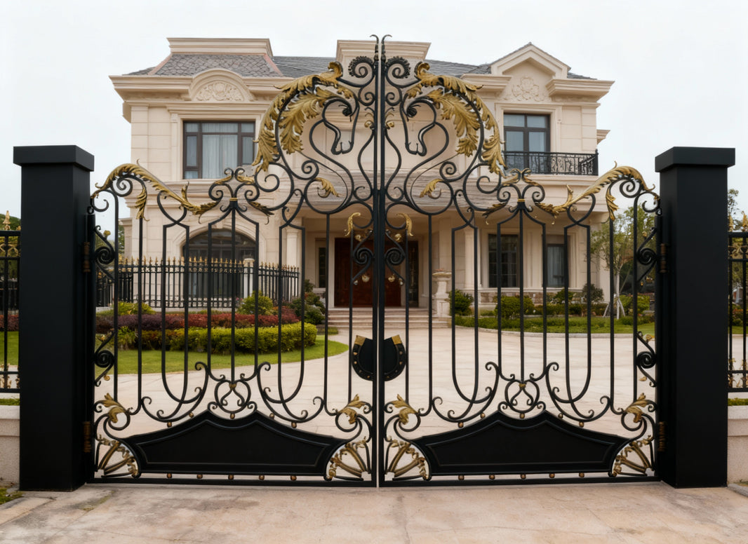 Grand Ornamental Wrought Iron Gate with Mythical Gold Detailing Model # DWG845