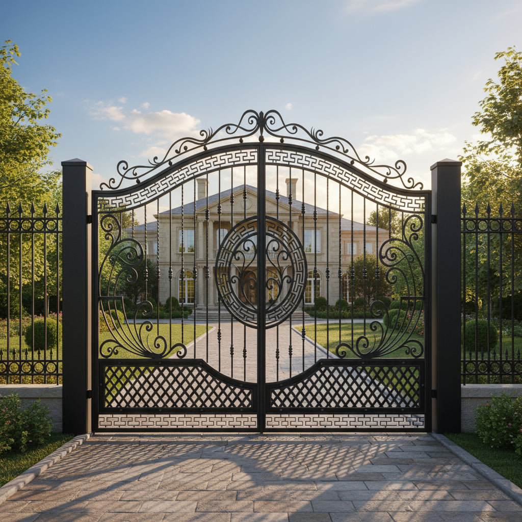 Keyspire Dominion – Wrought Iron Gate with Greek Key Crest & Lattice Base Model # DWG848