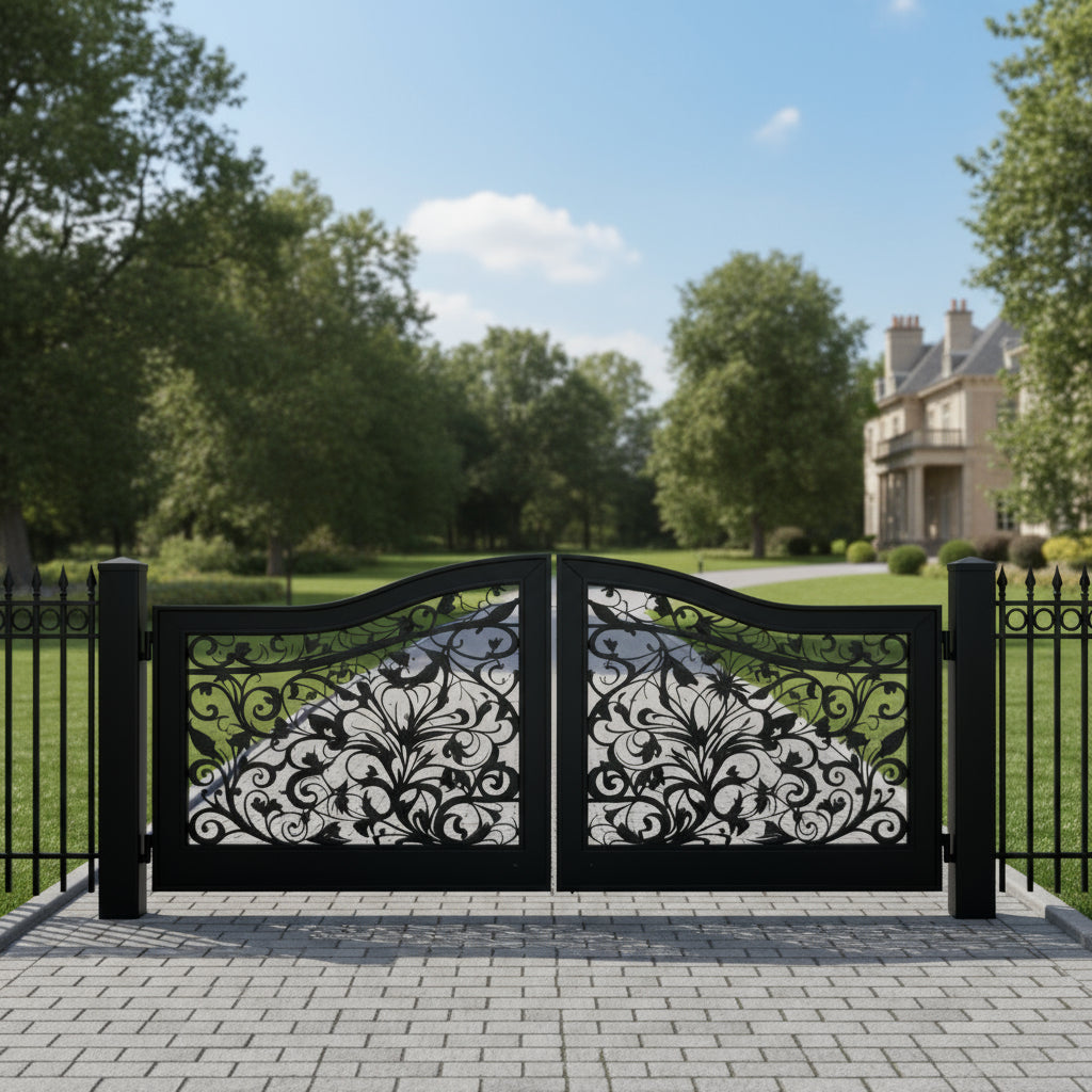 Flora curve Haven – Wrought Iron Gate with Leaf Scrolls & Arched Top Model # DWG850