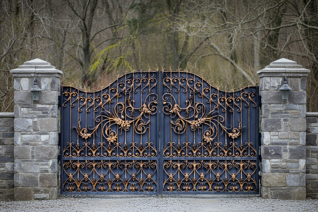 Gilded Fleur – Bronze-Accented Scrollwork Wrought Iron Driveway Gate Model # DWG852