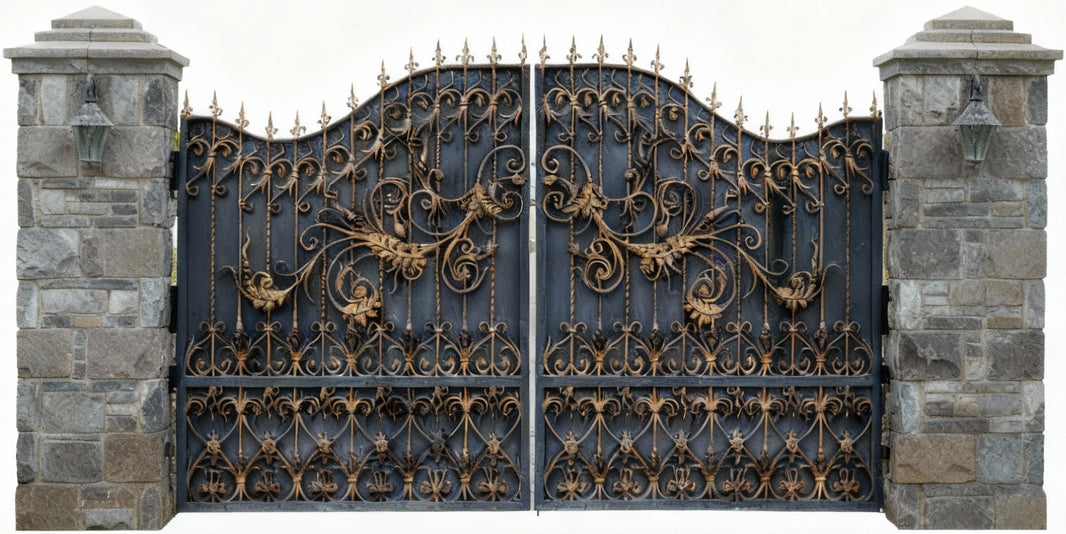 Gilded Fleur – Bronze-Accented Scrollwork Wrought Iron Driveway Gate Model # DWG852