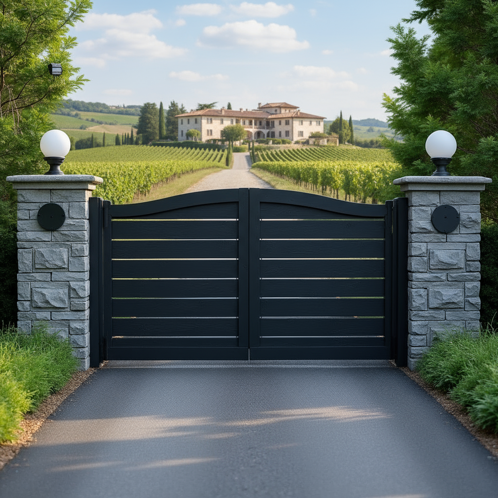 Vintara Crest – Arched Horizontal Slat Steel Driveway Gate Model # DWG854