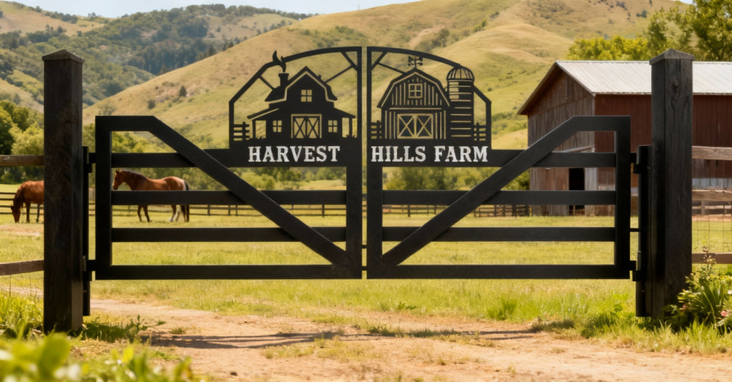 Harvest Hills Farm Gate – Custom Plasma-Cut Steel Driveway Gate Waggoner Steel Ranch Gate | Model # DWG855