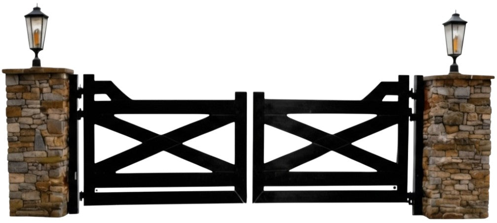 Lantern Cross Manor – Crisscross Steel Driveway Gate Model # DWG856