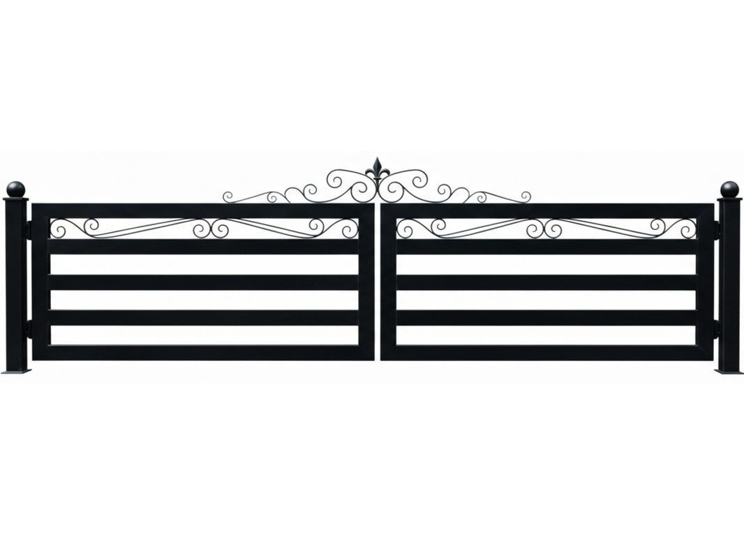 Ranch Style Fleurline Crest – Wrought Iron Gate with Horizontal Bars & Scroll Arch Model # DWG857