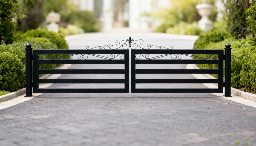 Ranch Style Fleurline Crest – Wrought Iron Gate with Horizontal Bars & Scroll Arch Model # DWG857