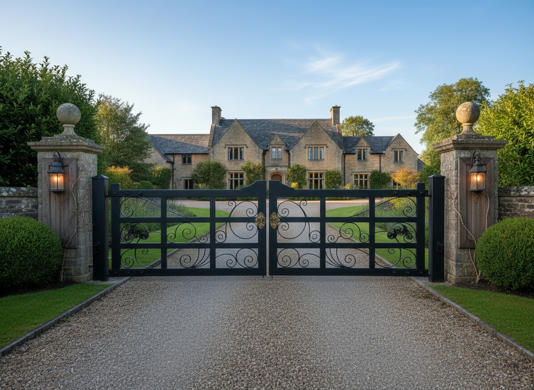 Regalia Grid – Scrollwork & Grid Wrought Iron Driveway Gate Model # DWG859