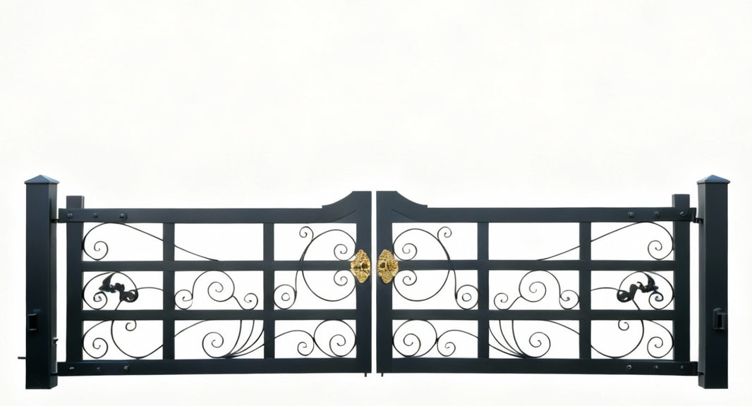 Regalia Grid – Scrollwork & Grid Wrought Iron Driveway Gate Model # DWG859
