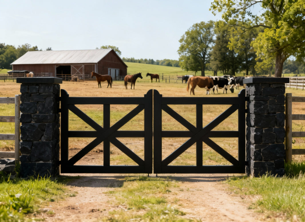 Crossmark Estate – X-Frame Steel Driveway Gate with Stone Pillars Model # DWG861