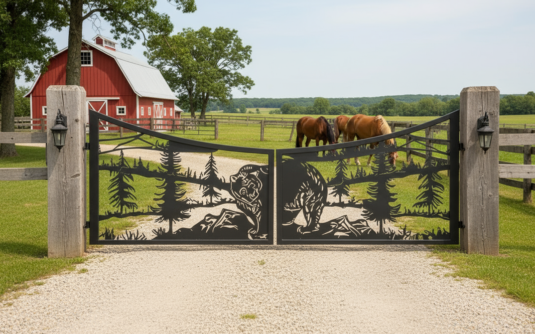 Timber wild Crest – Moose & Bear Forest Silhouette Driveway Gate Model # DWG863