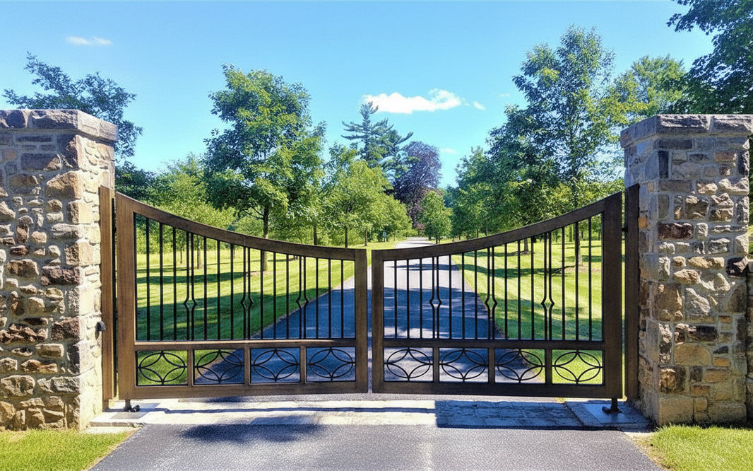 Stone veil Arch – Circular Motif Wrought Iron Driveway Gate Model # DWG864