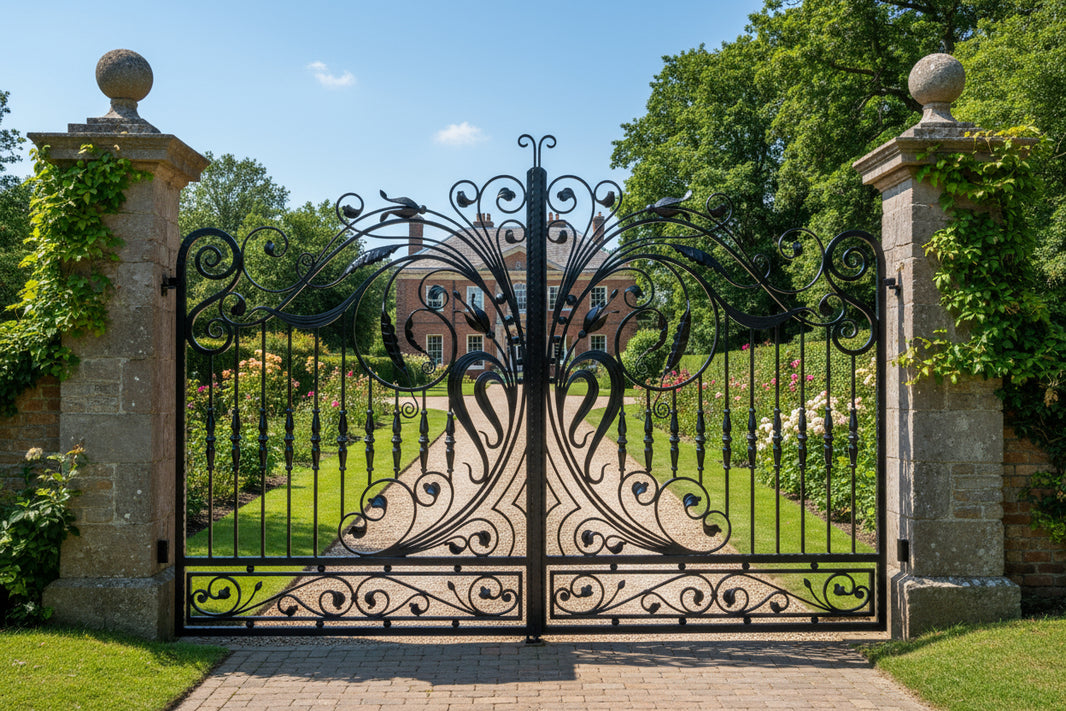 Swan spire Harmony – Wrought Iron Gate with Mirrored Bird Motifs & Scroll Balusters Model # DWG865