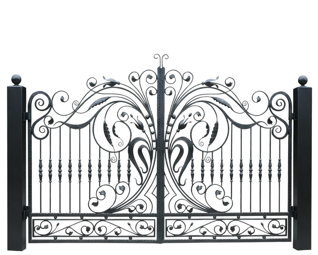 Swan spire Harmony – Wrought Iron Gate with Mirrored Bird Motifs & Scroll Balusters Model # DWG865