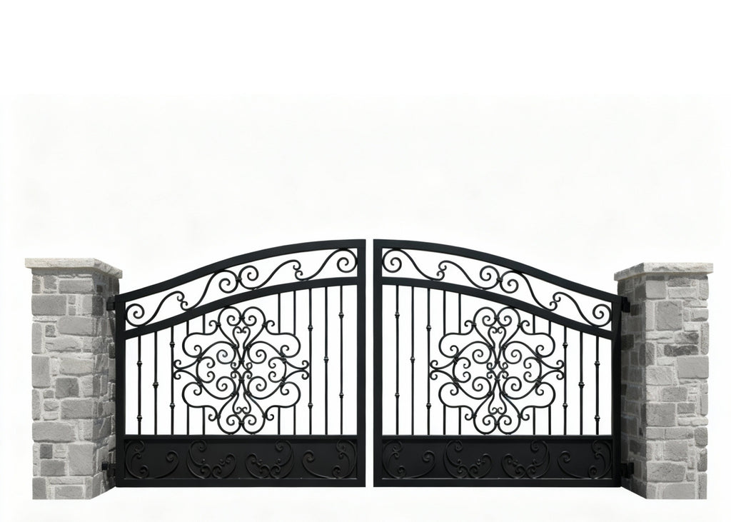 Flora curve Estate – Scroll & Floral Wrought Iron Gate wit h Stone Pil