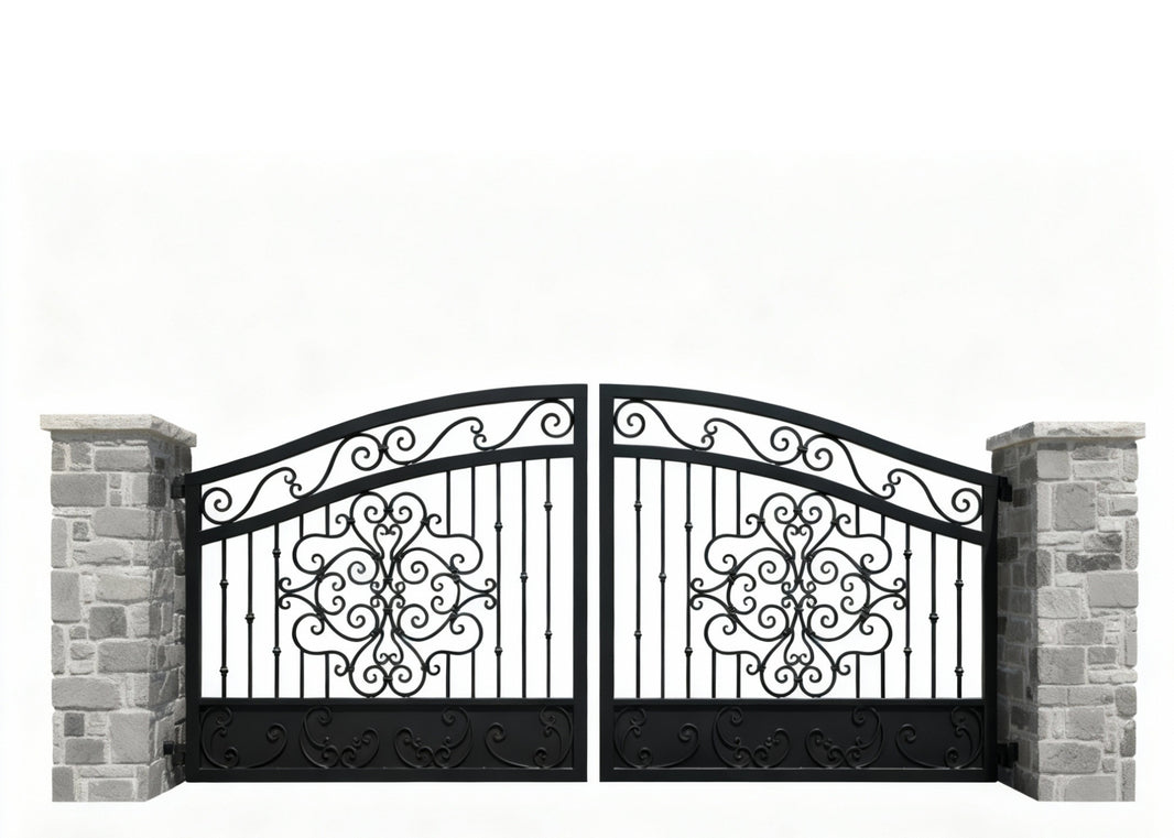 Flora curve Estate – Scroll & Floral Wrought Iron Gate wit h Stone Pillars Model # DWG874